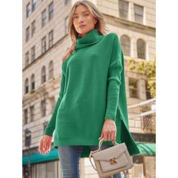 LILLUSORY Womens Turtleneck Oversized Tunic Fall Sweaters 2024 Trendy Casual Long Pullover Knit Winter Casual Cute Poncho Fashion Trendy Clothes Outfits Clothing Tops Green