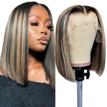 PNEX Bob Wig Human Hair Highlight Balayage HD Lace Front Wigs Human Hair Pre Plucked 180% Density We...