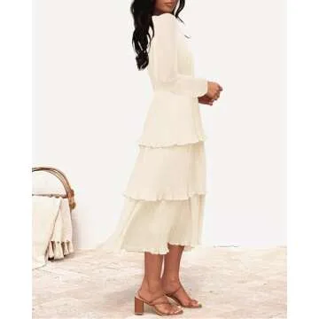 ZESICA Women's Long Sleeve Ruffle Tiered Midi Dress