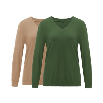 Arach&Cloz Women's Lightweight V Neck Sweater 2 Pack