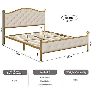 HIFIT Luxury Full Platform Bed Frame with Button Tufted Curved Headboard, Velvet Upholstered Gold Be...