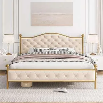 HIFIT Luxury Full Platform Bed Frame with Button Tufted Curved Headboard, Velvet Upholstered Gold Bed Frame, Heavy Duty Metal Frame Foundation, Princess Bed Frame, No Box Spring Needed, Gold-Beige
