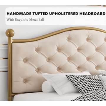 HIFIT Luxury Full Platform Bed Frame with Button Tufted Curved Headboard, Velvet Upholstered Gold Bed Frame, Heavy Duty Metal Frame Foundation, Princess Bed Frame, No Box Spring Needed, Gold-Beige
