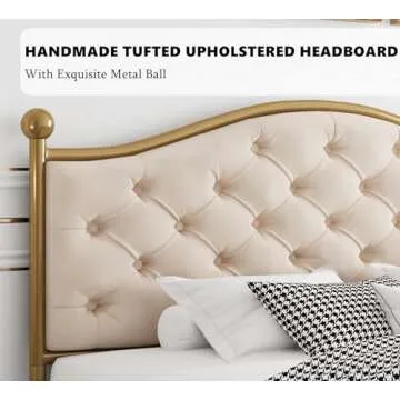 HIFIT Luxury Full Platform Bed Frame with Button Tufted Curved Headboard, Velvet Upholstered Gold Bed Frame, Heavy Duty Metal Frame Foundation, Princess Bed Frame, No Box Spring Needed, Gold-Beige