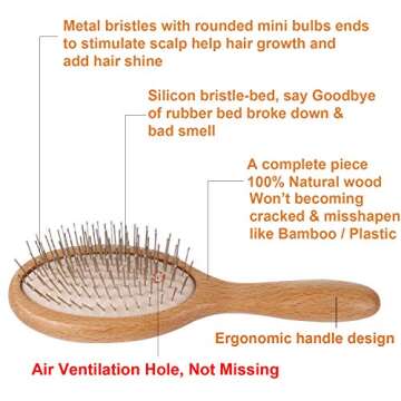 WeCoola Hair Brush - Natural Wooden Paddle Brush with Metal Bristles