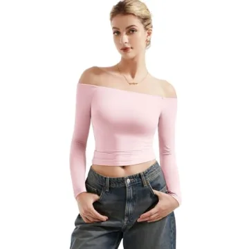 SUUKSESS Women Off The Shoulder Double Lined Long Sleeve Shirts Fitted Y2k Basic Going Out Tops (Blu...