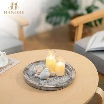 Hanobe Candle Plate Holder Tray: Round Wooden Decorative Candle Plate Small Farmhouse Table Centerpiece Rustic Whitewash Wood Tealight Pillar Trays for Christmas Wedding Halloween Home Decor