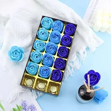 Floral Scented Bath Soap Rose Flower Petals, JIALEEY Plant Essential Oil Rose Soap Set Guest Soap Shaped Petals Best Gifts Ideas for Her Women Teens Girls Mom Birthdays, 18 PCS Blue
