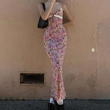NUFIWI Women Floral Print Spaghetti Strap Long Dress Sleeveless Hollow Out Flower Maxi Dresses Summer Going Out Beachwear