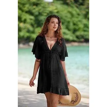AI'MAGE Women's Bikini Swimsuit Cover Up V Neck Shirts Short Sleeve Beachwear Bathing Suit Black
