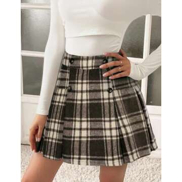 Kate Kasin 2024 Women's Pleated Plaid Mini Skirt High Waist A-Line Fall Winter Casual Skirts