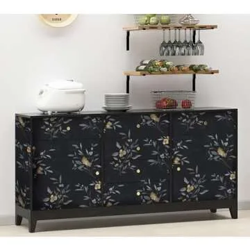 Feisoon Black and Gold Wallpaper Flower Wallpaper Floral Leaf Contact Paper Self Adhesice Wallpaper ...