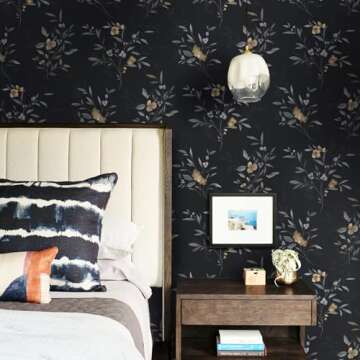 Feisoon Black and Gold Wallpaper Flower Wallpaper Floral Leaf Contact Paper Self Adhesice Wallpaper 16.14"x78.7" Waterproof Contact Paper Removable Wallpaper for Furniture Cabinet Stair Wall Decor