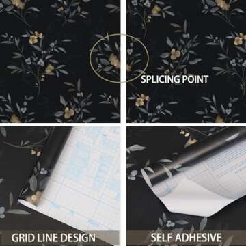 Feisoon Black and Gold Wallpaper Flower Wallpaper Floral Leaf Contact Paper Self Adhesice Wallpaper 16.14"x78.7" Waterproof Contact Paper Removable Wallpaper for Furniture Cabinet Stair Wall Decor
