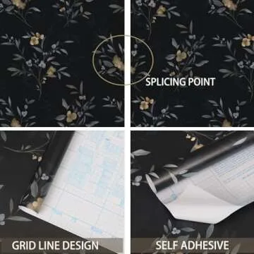 Feisoon Black and Gold Wallpaper Flower Wallpaper Floral Leaf Contact Paper Self Adhesice Wallpaper 16.14"x78.7" Waterproof Contact Paper Removable Wallpaper for Furniture Cabinet Stair Wall Decor