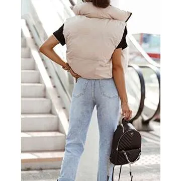 UANEO Cropped Puffer Vest Women Zip Up Stand Collar Sleeveless Padded Crop Puffy Vests (#2Beige-M)
