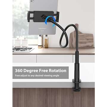 Tablet Stand Holder for Bed, Gooseneck Mount with Adjustable Flexible Arm Compatible with iPad Air Pro Mini, Samsung Tab, Nintendo Switch Kindle Other 4.7"-12.9" Device