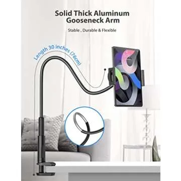 Tablet Stand Holder for Bed, Gooseneck Mount with Adjustable Flexible Arm Compatible with iPad Air Pro Mini, Samsung Tab, Nintendo Switch Kindle Other 4.7"-12.9" Device