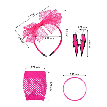 Blulu 80s Accessories Women Lace Headband Earrings Fishnet Gloves Necklace Bracelet for 80s Retro Party Halloween(Rose Red)