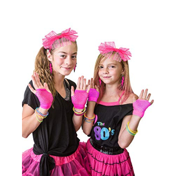 Blulu 80s Accessories Women Lace Headband Earrings Fishnet Gloves Necklace Bracelet for 80s Retro Party Halloween(Rose Red)