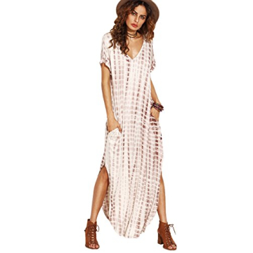MakeMeChic Women's Boho Maxi Short Sleeve Split Pockets Tie Dye Long Dress A Coffee S