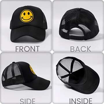 Smile Face Trucker Hat Women Snap Backs Caps for Men Adjustable Yellow Glitter Mesh Baseball Hat…