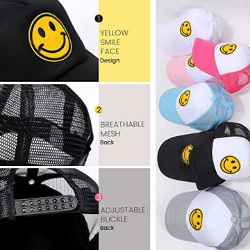 Smile Face Trucker Hat Women Snap Backs Caps for Men Adjustable Yellow Glitter Mesh Baseball Hat…