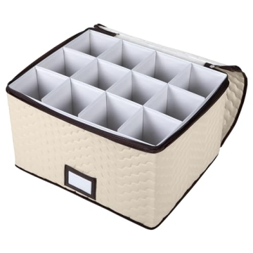 Wine Glass Storage Box with Dividers - Holds 12 Standard Size Wine Glasses up to 10" Tall - Stemware Storage Case - Protects Fine China - Durable Quilted Microfiber Bin with Carry Handles