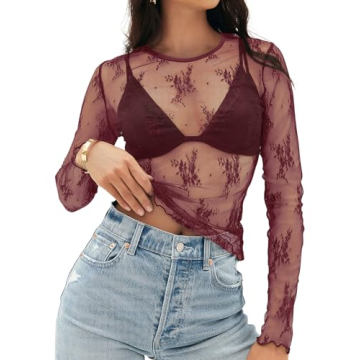 MEROKEETY 2024 Fall Women's Lace Sheer Mesh Long Sleeve Top - Burgundy, Medium