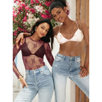 Lace Sheer Mesh Long Sleeve Top for Elegant Outfits