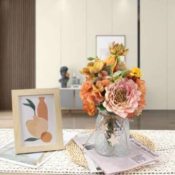 Artgar Artificial Flowers with Vase - Hydrangea Artificial Flowers Silk Artificial Flower Arrangement Fake Flowers in Vase with Tulips Dahlias for Home Office Kitchen Bathroom Table Centerpieces