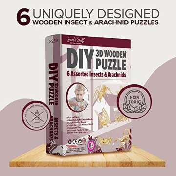 Hands Craft DIY 3D Wooden Puzzle – 6 Assorted Insects & Arachnids Bundle Pack Brain Teaser Puzzles Educational STEM Toy Adults and Kids to Build Safe and Non-Toxic Easy Punch Out Premium Wood JP2B9