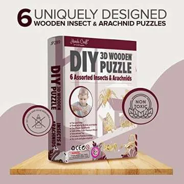 Hands Craft DIY 3D Wooden Puzzle – 6 Assorted Insects & Arachnids Bundle Pack Brain Teaser Puzzles Educational STEM Toy Adults and Kids to Build Safe and Non-Toxic Easy Punch Out Premium Wood JP2B9