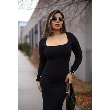 SHAPERX Women's Long Sleeve Dress Soft Lounge Ribbed Square Neck Bodycon Maxi Dresses,SZ5280-Black-S