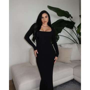 SHAPERX Women's Long Sleeve Dress Soft Lounge Ribbed Square Neck Bodycon Maxi Dresses,SZ5280-Black-S