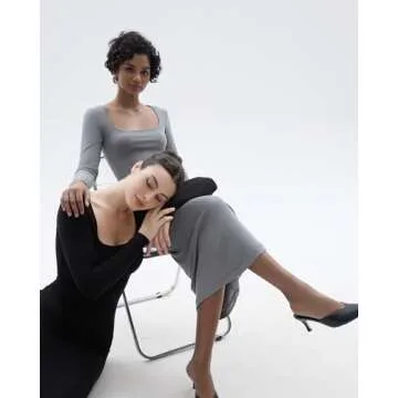 SHAPERX Women's Long Sleeve Dress Soft Lounge Ribbed Square Neck Bodycon Maxi Dresses,SZ5280-Black-S