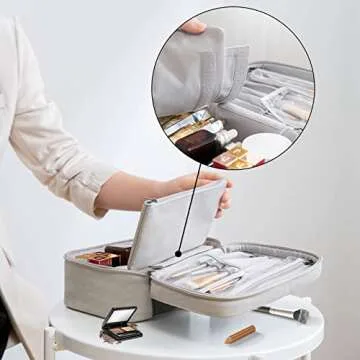 KTMOUW Makeup Bag Waterproof Cosmetic Bag Leather Makeup Travel Bag Portable Makeup Brush Bag Multifunctional Makeup Organizer Bag for Women Girls, 2-Pack, Grey