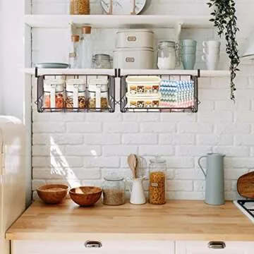 Hanging Under Shelf Storage Basket, 2 Pack Foldable Under Cabinet Metal Desk Storage Wire Rack Organizer for Kitchen Pantry Bookshelf Office Home, Easy to Install Slide-in Under Shelves (Black)