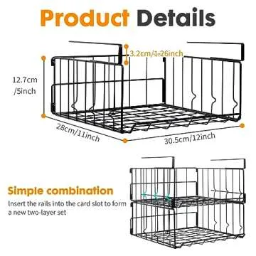 Hanging Under Shelf Storage Basket, 2 Pack Foldable Under Cabinet Metal Desk Storage Wire Rack Organizer for Kitchen Pantry Bookshelf Office Home, Easy to Install Slide-in Under Shelves (Black)