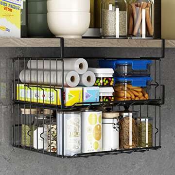 Hanging Under Shelf Storage Basket, 2 Pack Foldable Under Cabinet Metal Desk Storage Wire Rack Organizer for Kitchen Pantry Bookshelf Office Home, Easy to Install Slide-in Under Shelves (Black)