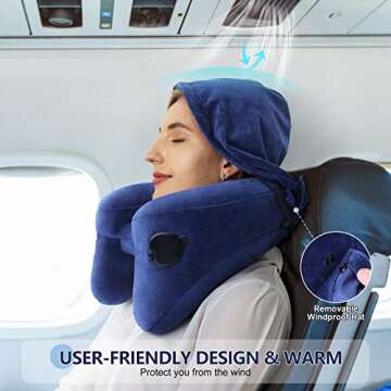 Inflatable Pillow for Airplane Travel, Comfortably Supports Head,Neck and Chin with Soft Velour Cover,Hat,Portable Drawstring Bag (Blue)
