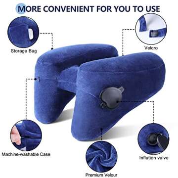 Inflatable Pillow for Airplane Travel, Comfortably Supports Head,Neck and Chin with Soft Velour Cover,Hat,Portable Drawstring Bag (Blue)