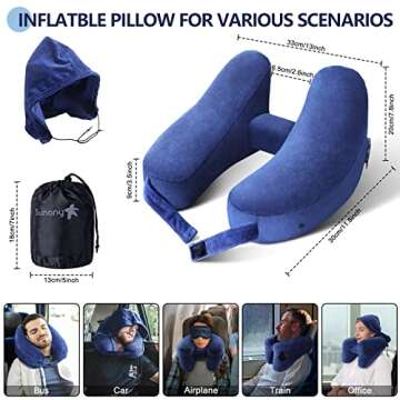 Inflatable Pillow for Airplane Travel, Comfortably Supports Head,Neck and Chin with Soft Velour Cover,Hat,Portable Drawstring Bag (Blue)