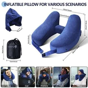 Inflatable Pillow for Airplane Travel, Comfortably Supports Head,Neck and Chin with Soft Velour Cover,Hat,Portable Drawstring Bag (Blue)