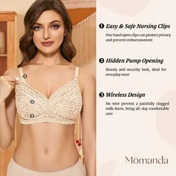 MOMANDA Women's Pumping Bra Hands Free Cute Lace Support Nursing Bras for Maternity Breast Beige 34C