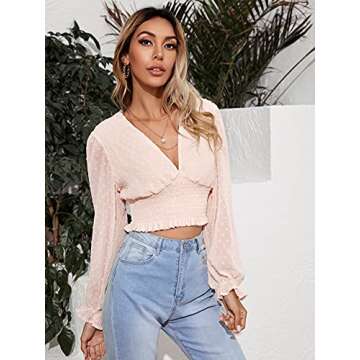 MakeMeChic Women's V Neck Swiss Dots Shirred Ruffle Trim Bishop Sleeve Crop Blouse Top Pink S