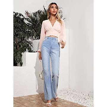 MakeMeChic Women's V Neck Swiss Dots Shirred Ruffle Trim Bishop Sleeve Crop Blouse Top Pink S