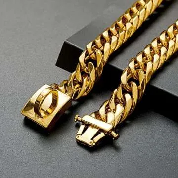 BAOBOTE Gold Chain Dog Collar with Secure Snap Buckle,19MM Cuban Link Dog Collar,Chew Proof Heavy Duty Pitbull Collar for Medium and Large Dogs(14" Gold)