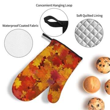 Fall Autumn Maple Leaves Oven Mitts and Pot Holders Sets Heat Resistant Non-Slip Kitchen Potholder Oven Gloves for Baking Cooking Grilling BBQ Mittens Kitchen Decor and Accessories Gifts