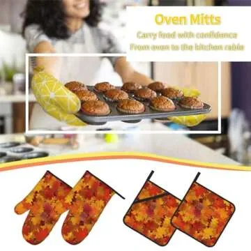 Fall Autumn Maple Leaves Oven Mitts and Pot Holders Sets Heat Resistant Non-Slip Kitchen Potholder Oven Gloves for Baking Cooking Grilling BBQ Mittens Kitchen Decor and Accessories Gifts